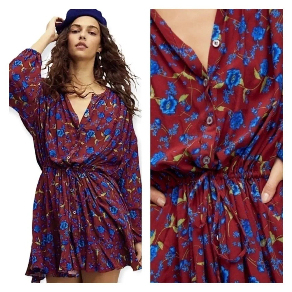 Free People Burgundy Blue Floral Long Sleeve Tie Waist Mini Dress Small